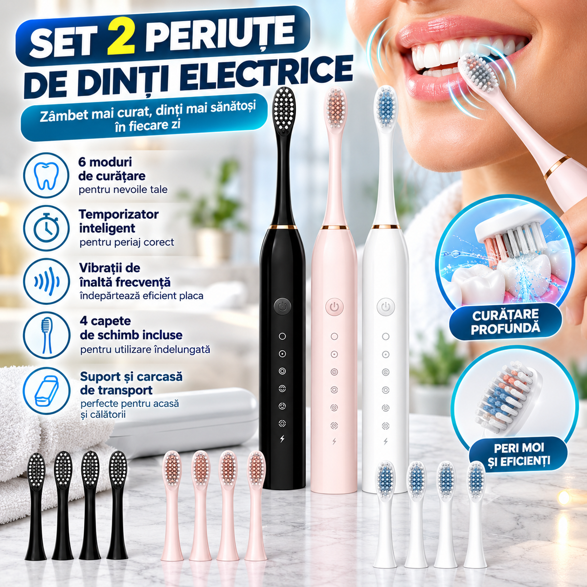 Set 2 Periuțe de Dinți Electrice, 6 Moduri, Temporizator, 4 Capete de Schimb