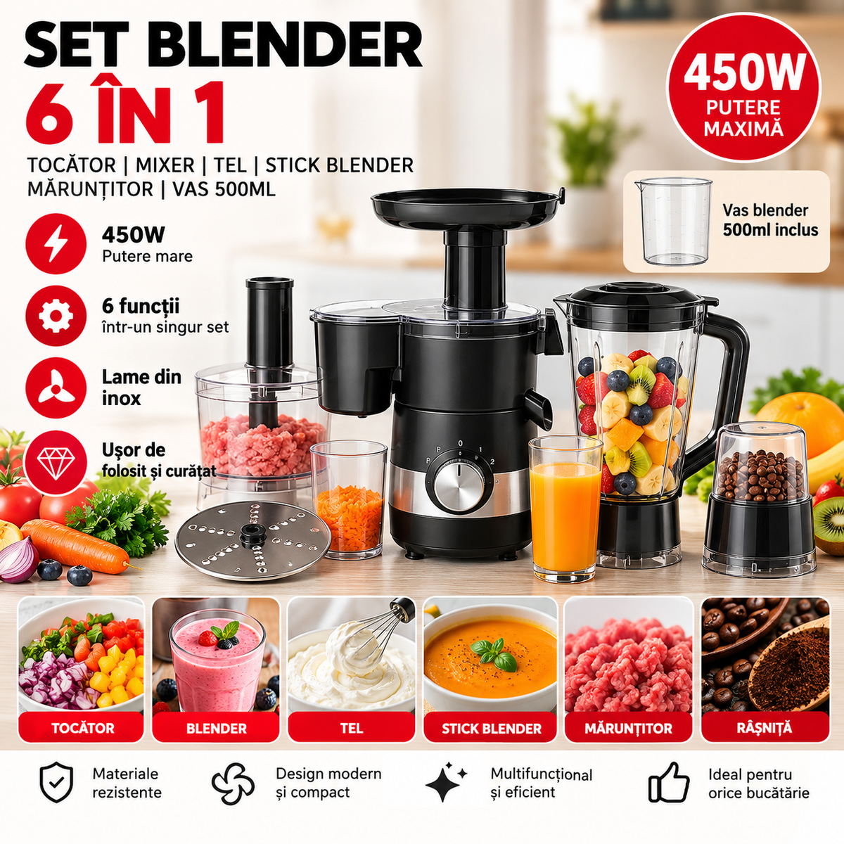 Set Blender 6 în 1 – 450W, Tocator, Mixer, Tel, Stick Blender, Maruntitor, Vas 500ml