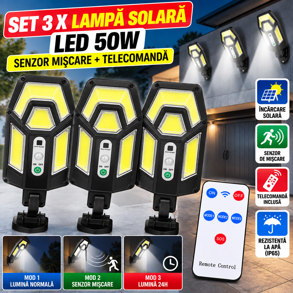 Set 3 x Lampa solara LED, 50W, 2 moduri iluminare, Senzor miscare, Telecomanda, Negru