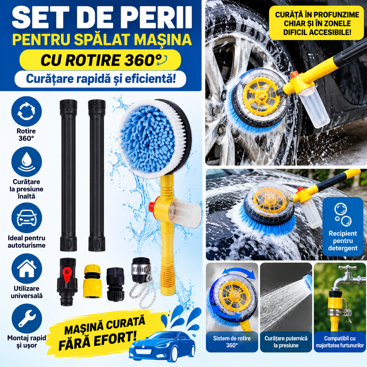 Set de perii pentru spalat masina, rotire 360°, curatare la presiune inalta