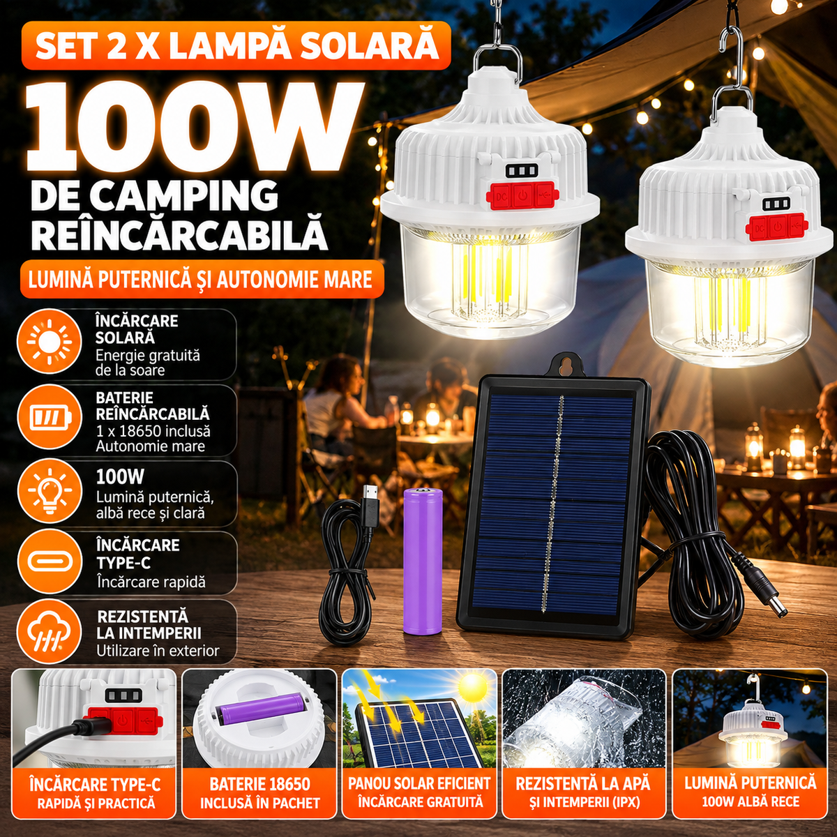 Set 2 x Lampă solară de camping reîncărcabilă, 100W, rezistenta la intemperii