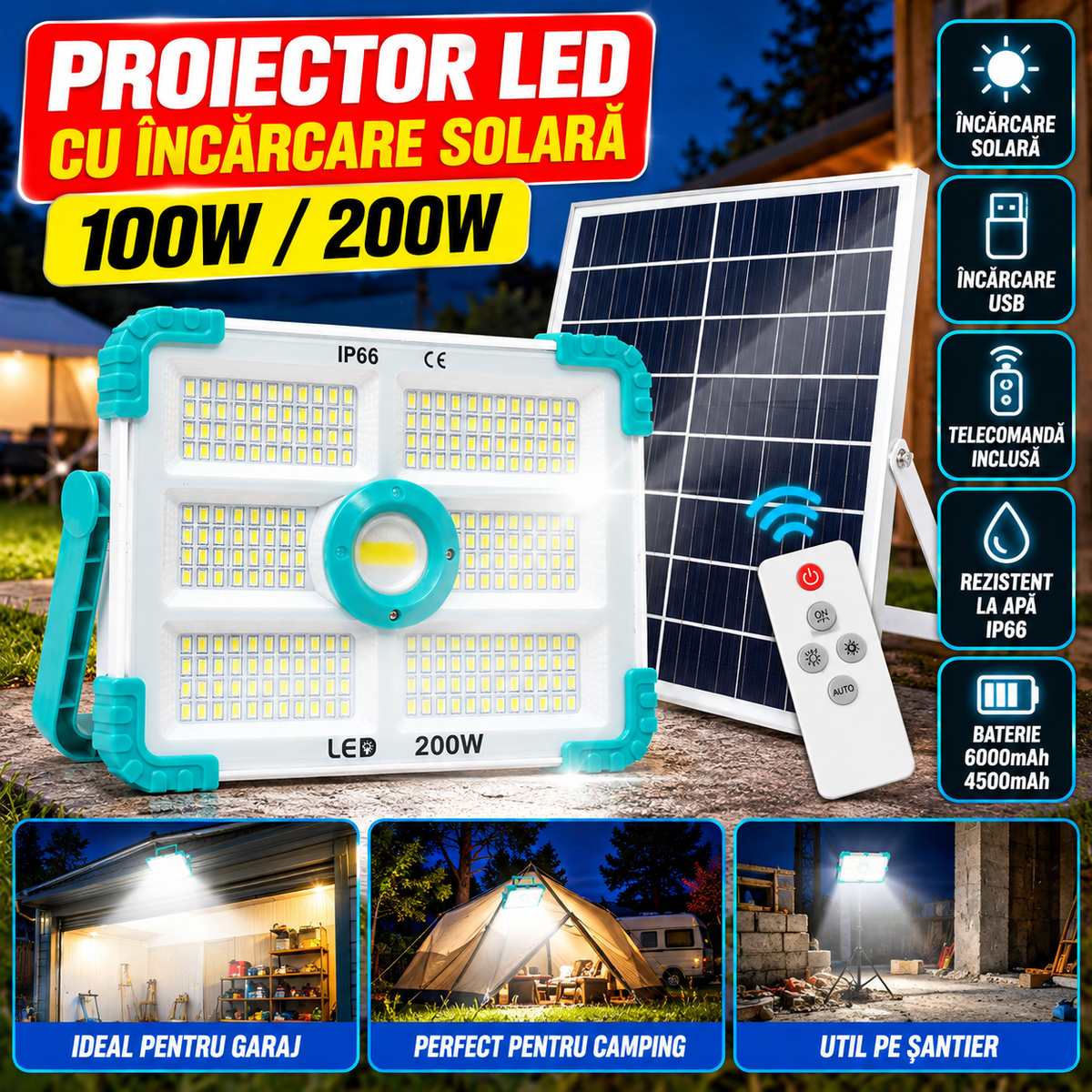 Proiector LED cu incarcare solara si USB, panou incorporabil, diferite variante de putere