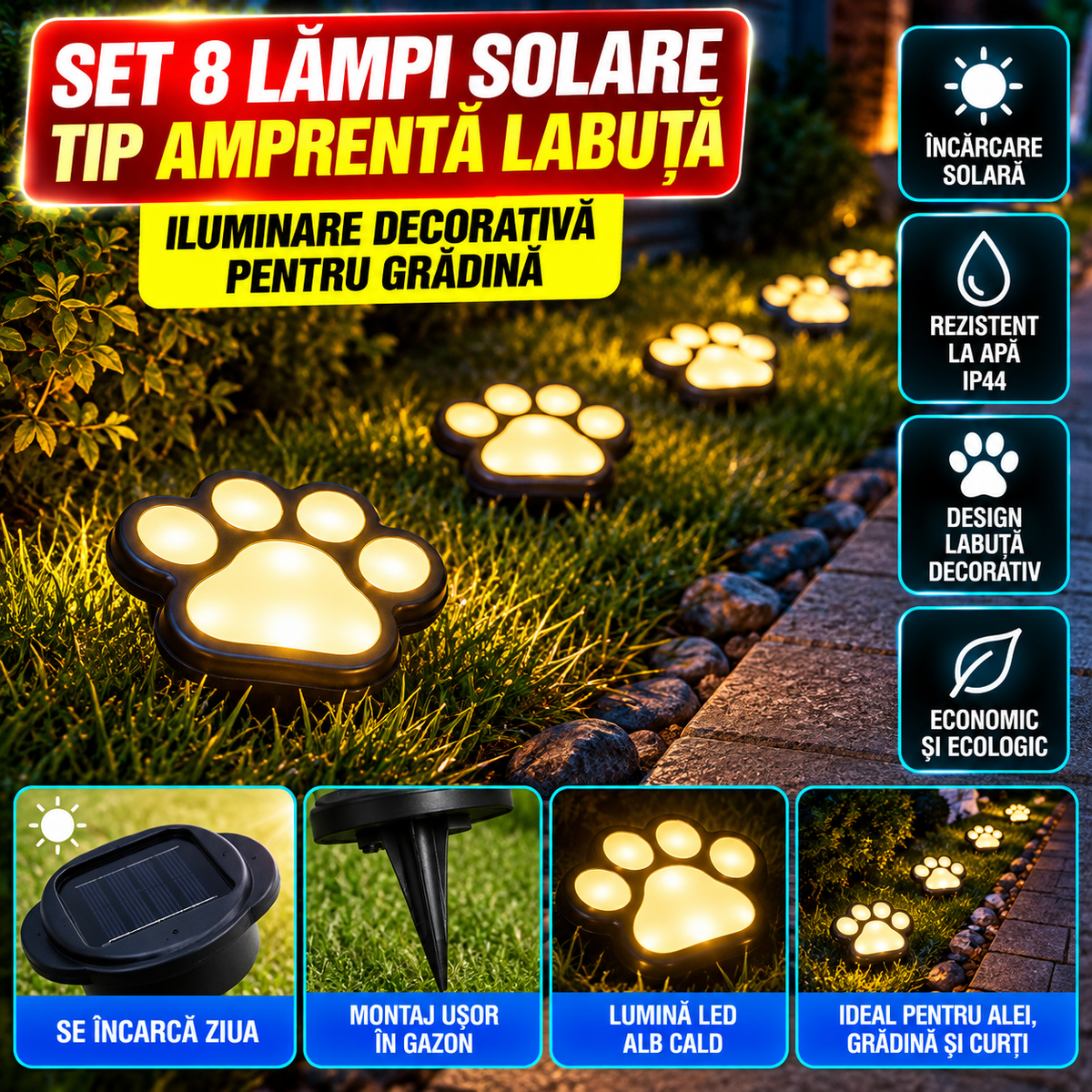 Set 8 Lampi Solare Led Tip Amprenta Labuta de Caine cu Infigere in Gazon