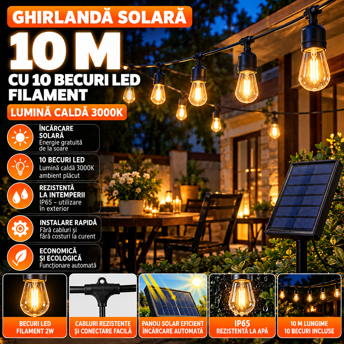 Ghirlanda solara 10 m cu 20 becuri Led Filament incluse, 2W, 3000K, IP65 lumina calda