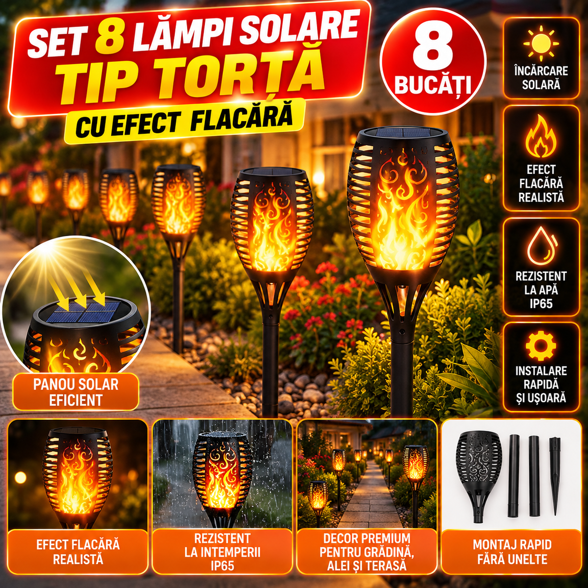 Set 8 x Lampa solara tip torta cu efect flacara 51.5 cm