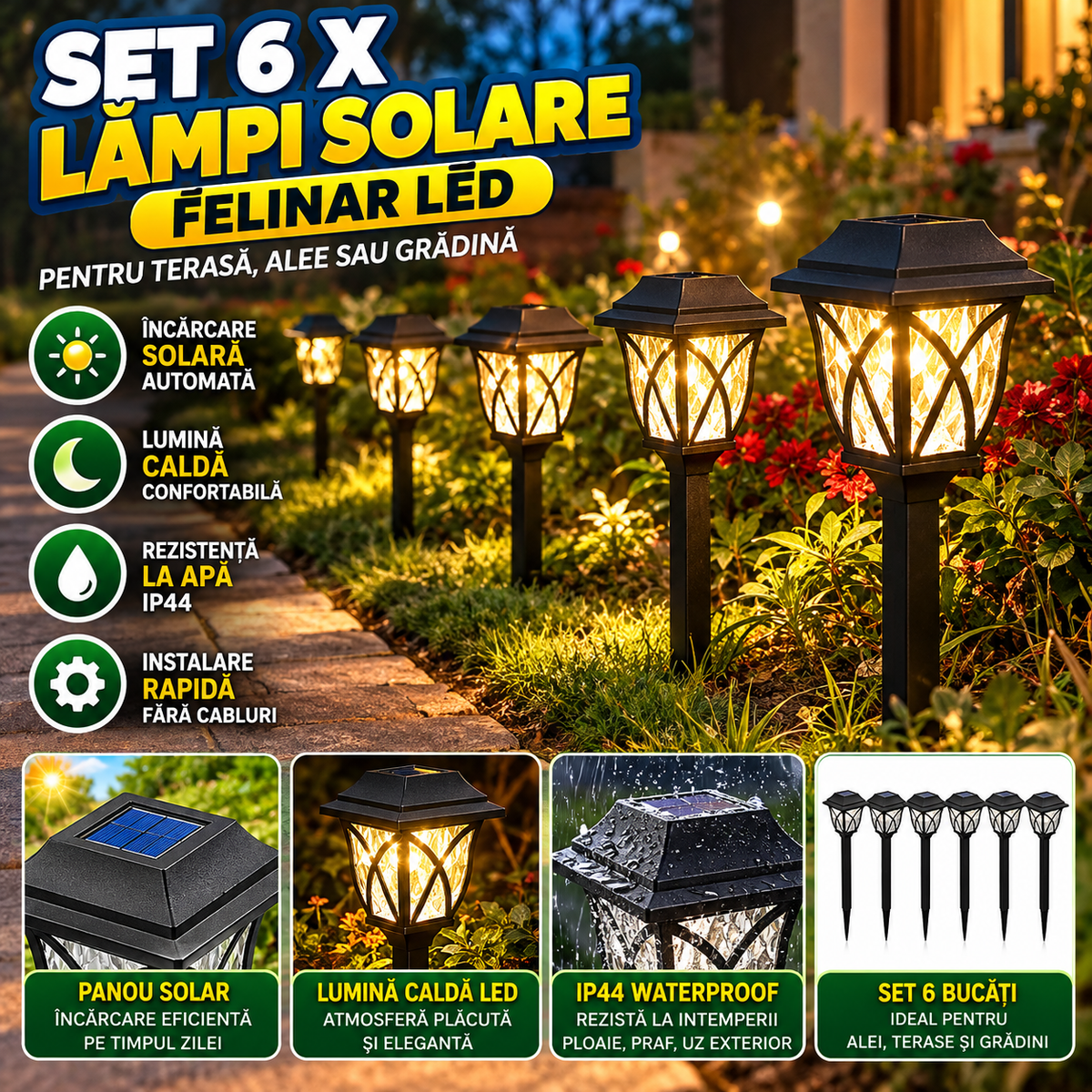Set 6 x lampa solara felinar LED 43 cm patrate, pentru terasa, alee sau gradina