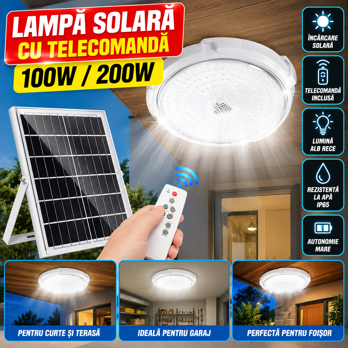 Lampa cu panou solar si telecomanda,100W/200W, alb rece