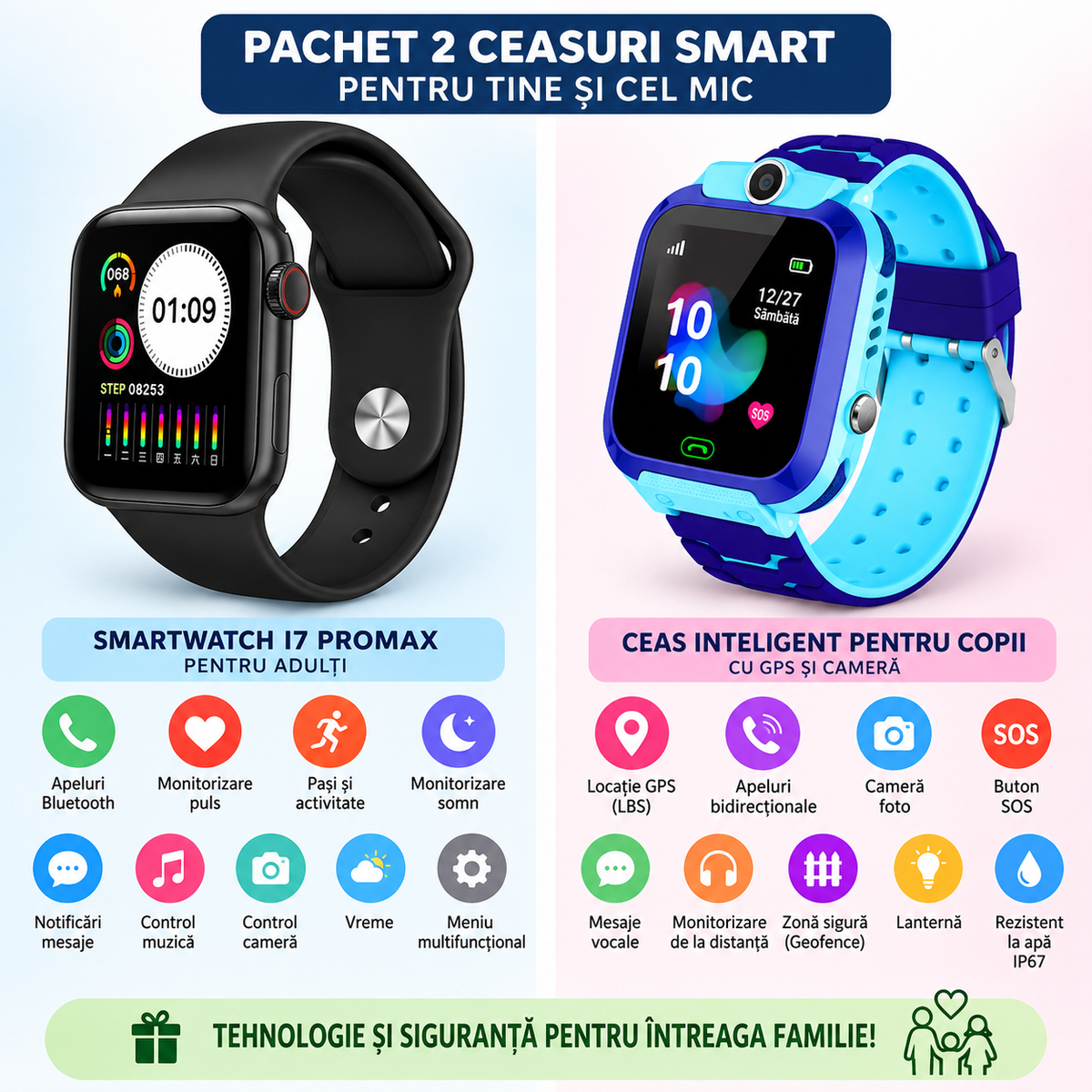 PACHET Ceas Smart I7 Promax + Ceas inteligent pentru copii