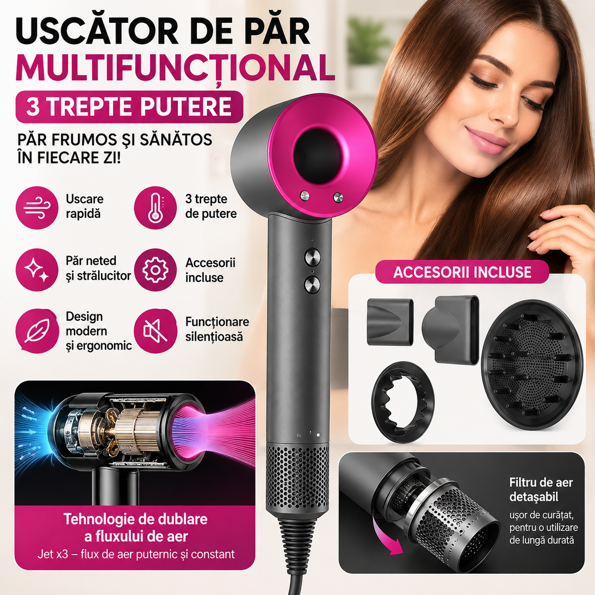 Uscator de par, Multifunctional, 3 Trepte putere, Gri/Roz