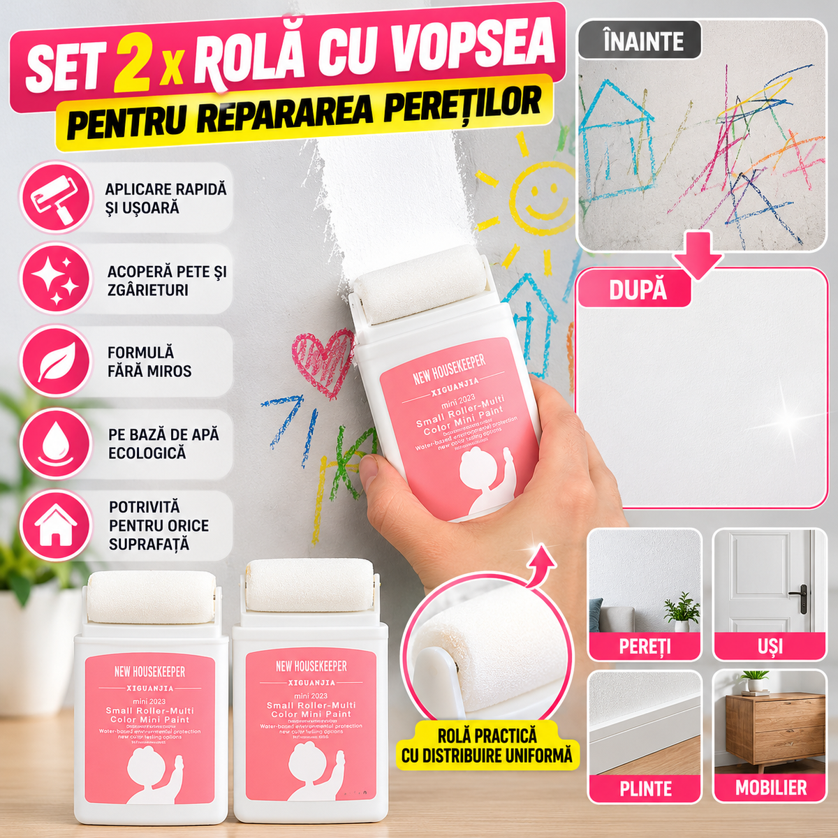 Set 2 x Rolă cu vopsea pentru repararea pereților