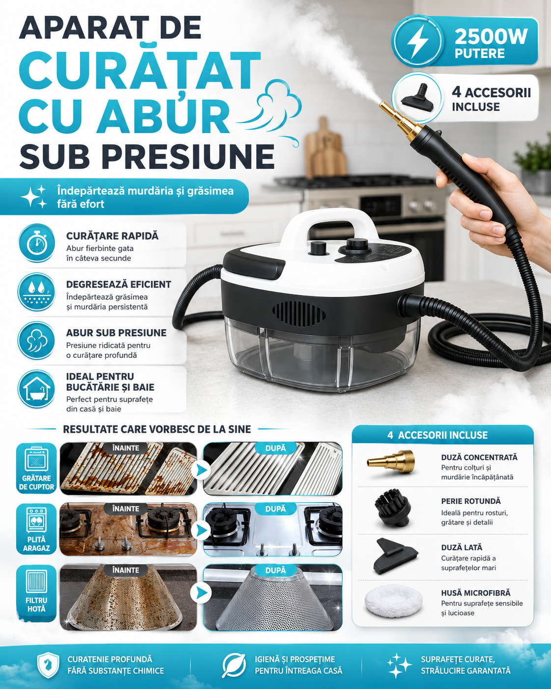 Aparat de curățat cu abur sub presiune, 4 accesorii incluse, 2500W putere