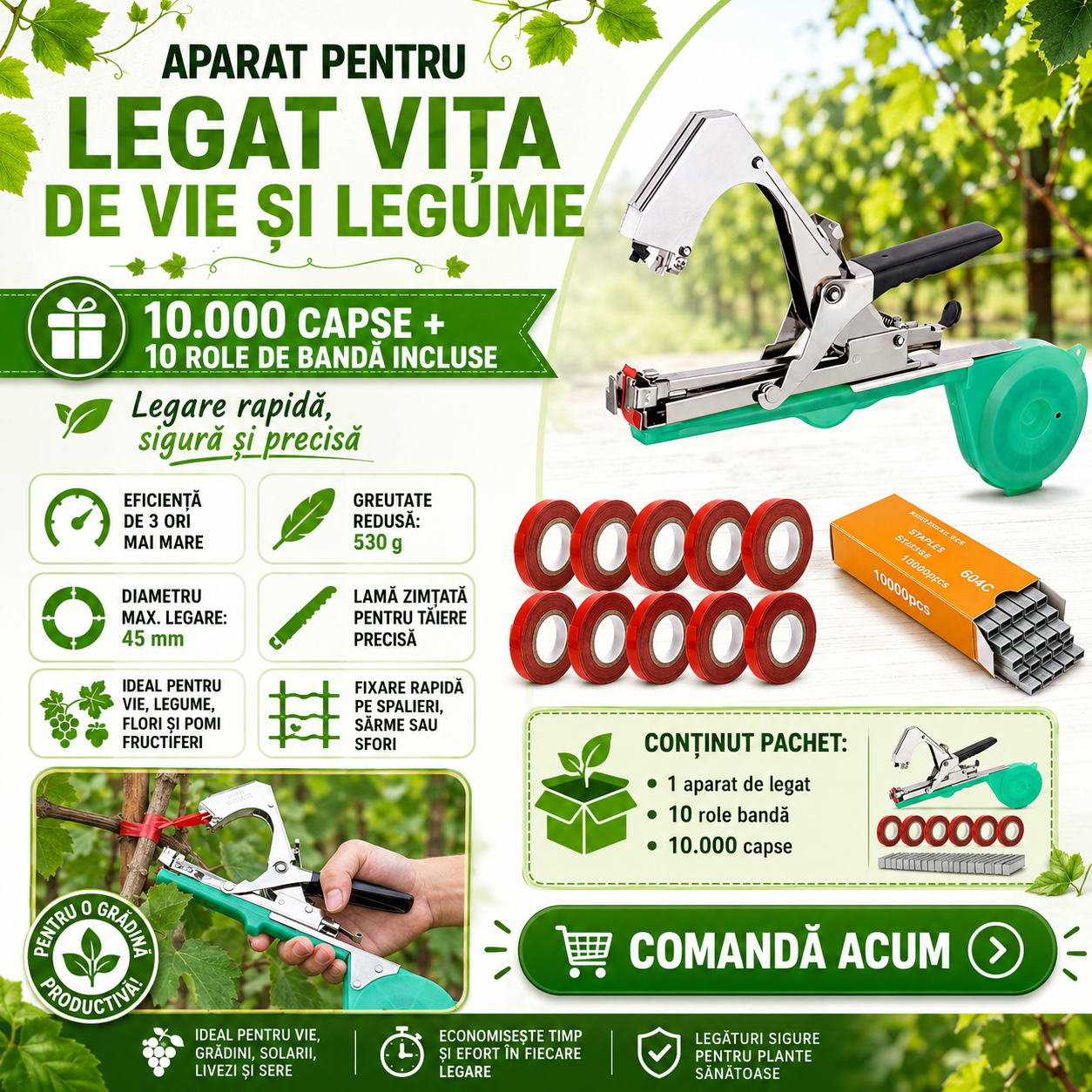 Aparat pentru legat vita de vie si legume, 10 role banda si 10.000 capse incluse