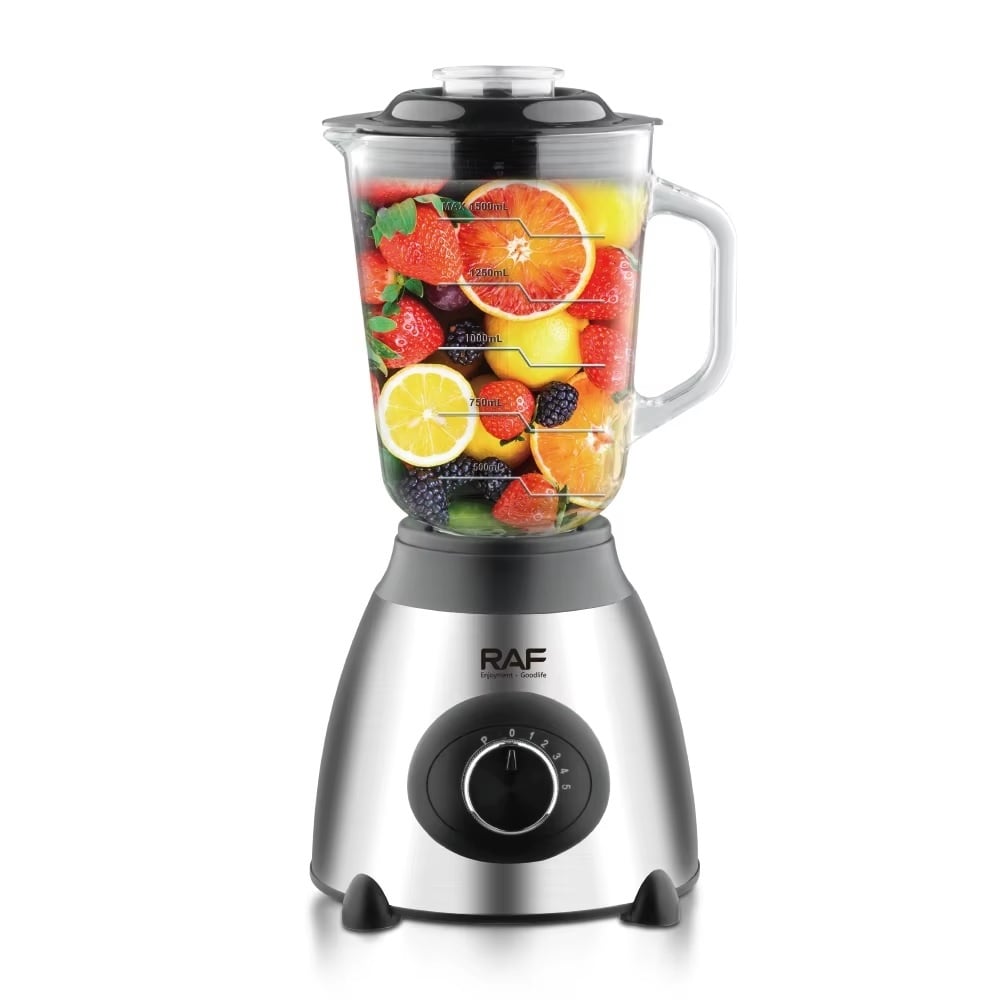 Blender Electric 3 în 1 RAF R.2871, 1000W, Pahar 1.5L din Sticlă, Vas Inox, Râșniță, 2 Viteze + Pulse, StayFresh, Negru/Inox