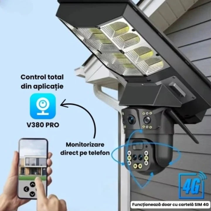 Camera de supraveghere tripla exterior V380 cu alimentare solara, baterie 16000 mAh, proiector 450w, zoom 10x, detectare si urmarire umana, audio bidirectional, securitate avansata fara firi
