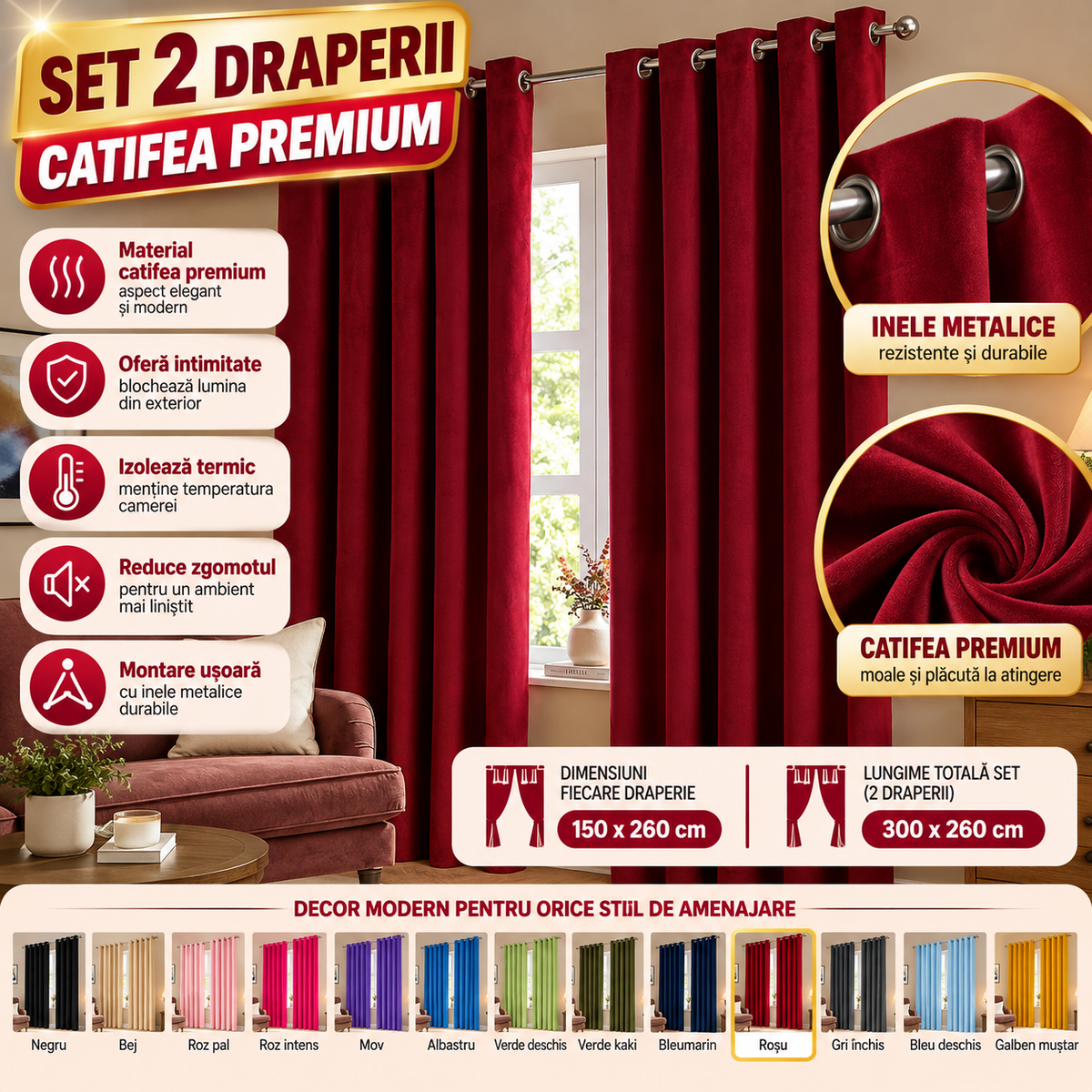 Set 2 draperii catifea, cu inele metalice, 150 x 260 cm