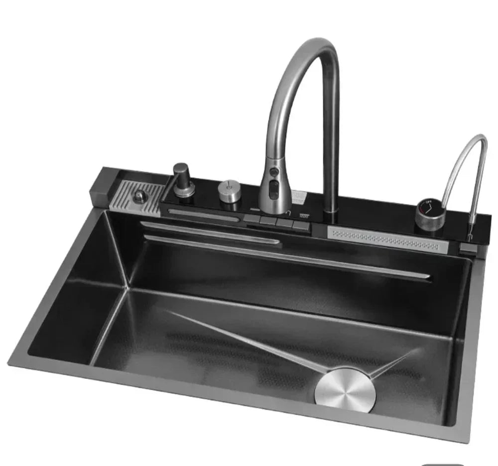 Chiuveta multifunctionala cu 2 cascade cu accesorii incluse, afisaj digital a temperaturii si robinet cascada, culoare negru grafit, dimensiune 750x460mm