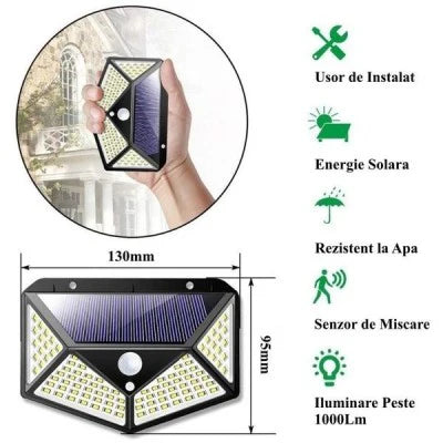 Lampa solara LED cu senzor de miscare 100 LED, lumina exterior, 600LM