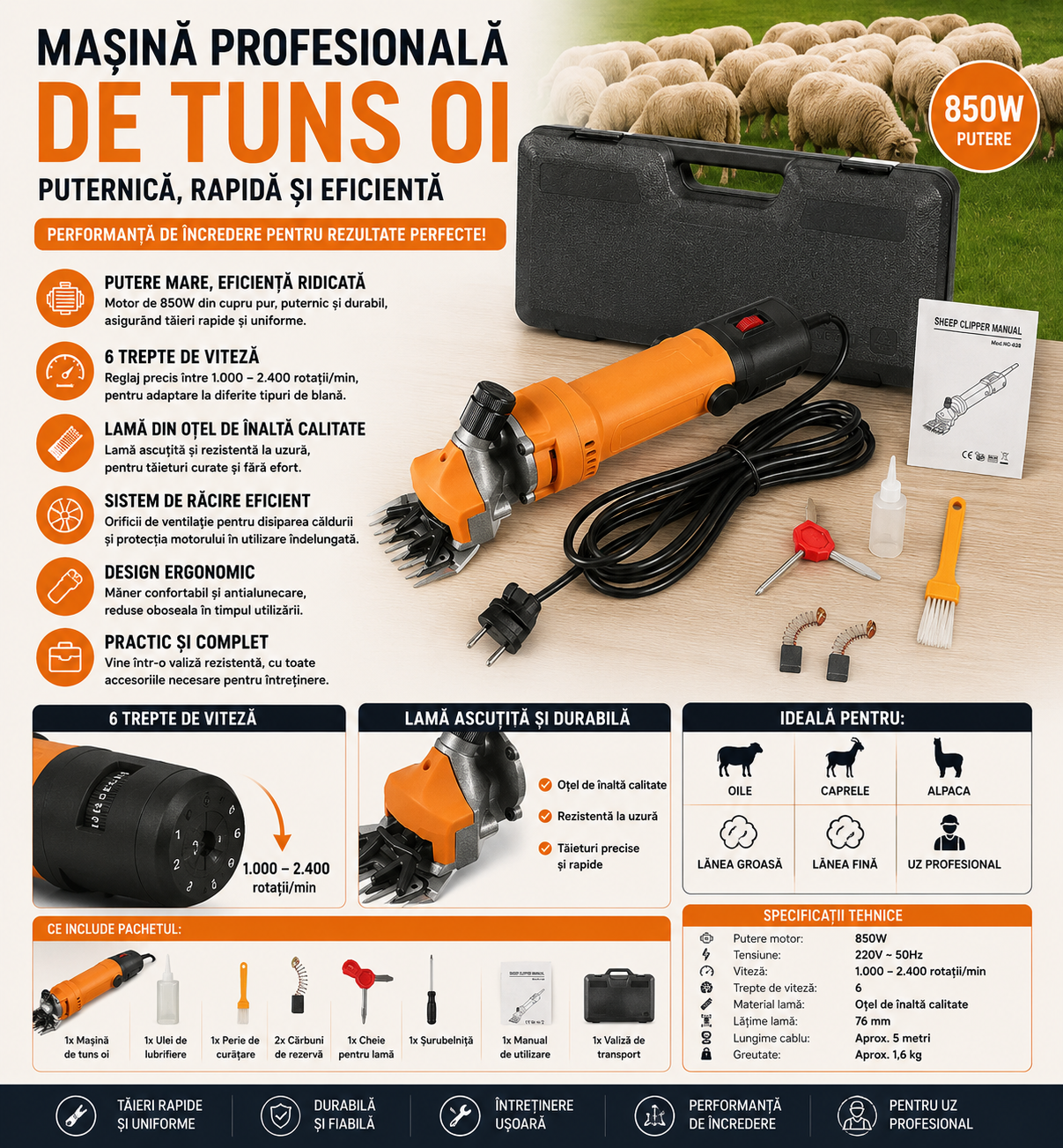 Masina profesionala de tuns oi 850W, 6 viteze, 2400 RPM, lama din otel