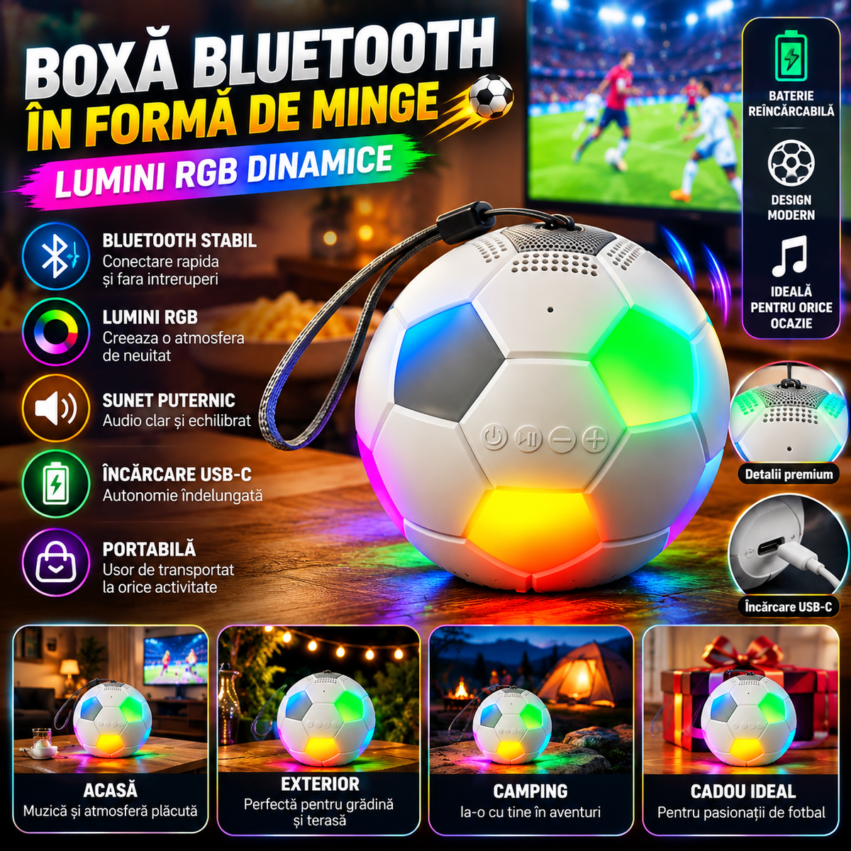Boxă Bluetooth Portabilă în Formă de Minge de Fotbal, cu Lumini RGB și Încărcare USB-C, Portocaliu / Negru