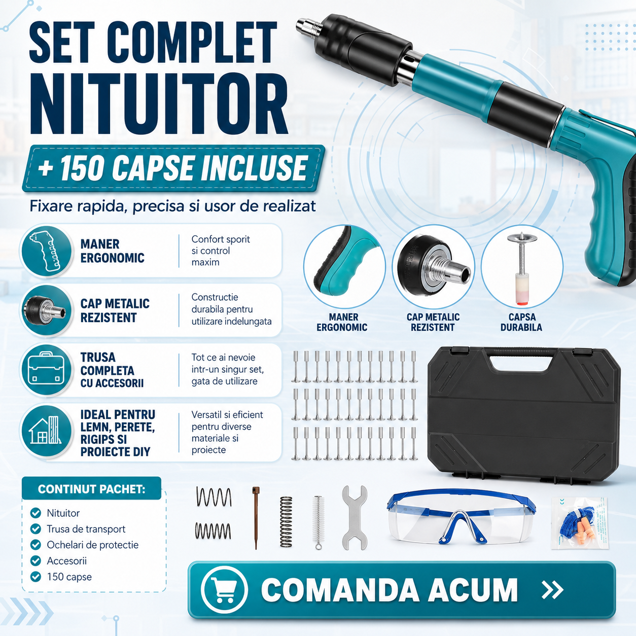 Set pistol pentru fixare KRAFTOOL cu 150 capse, accesorii si cutie de transport