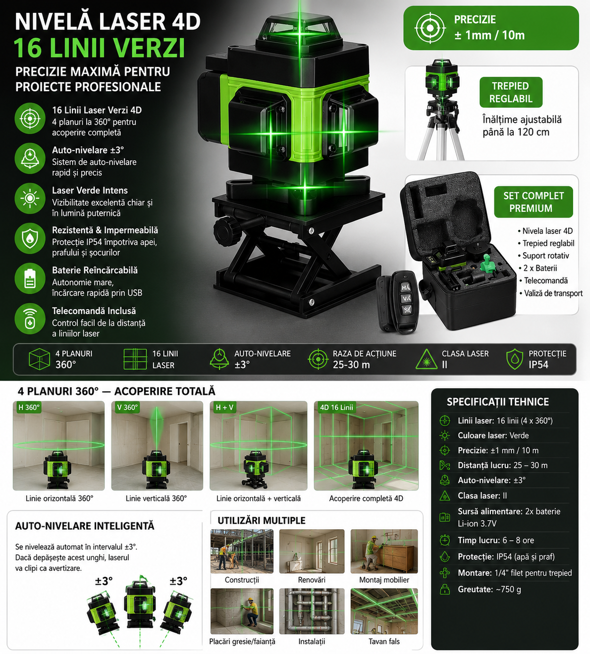 Nivela laser 4D cu 16 linii verzi, autonivelare, 360 grade, impermeabila