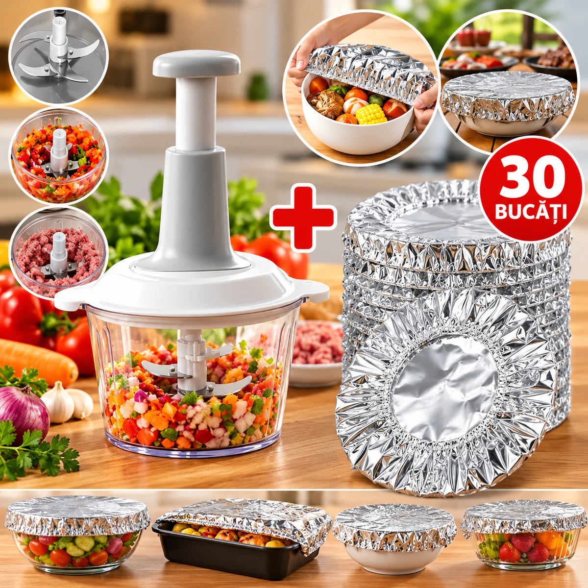 Pachet Bucătărie - Tocător Manual 2L + Set 30 Capace Termoizolante Reutilizabile