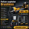Polizor unghiular cu 2 acumulatori 48V 5Ah, motor brushless, disc 125 mm, 8100 RPM