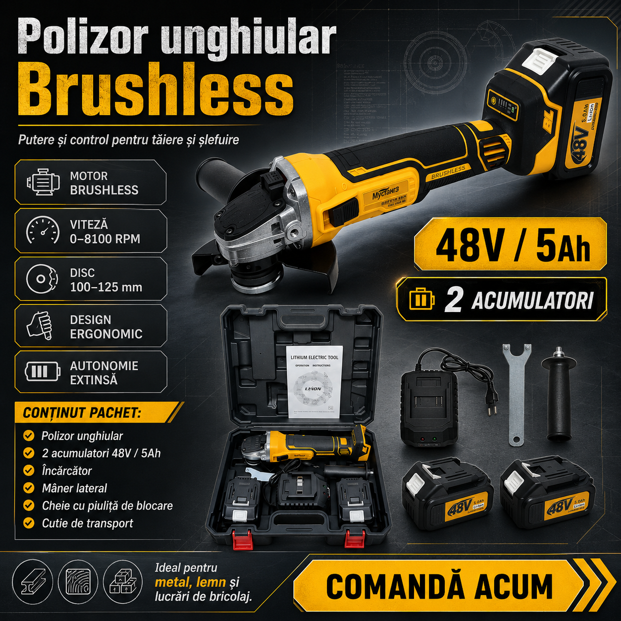 Polizor unghiular cu 2 acumulatori 48V 5Ah, motor brushless, disc 125 mm, 8100 RPM