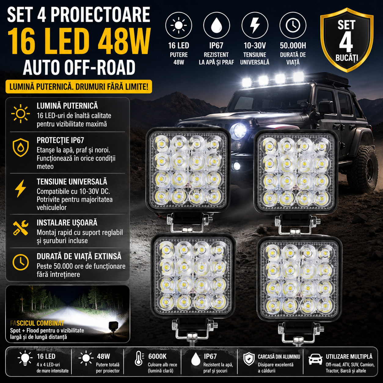 Set 4 proiectoare auto OFF-ROAD 48W cu 16 LED, lumina alba rece 6500K