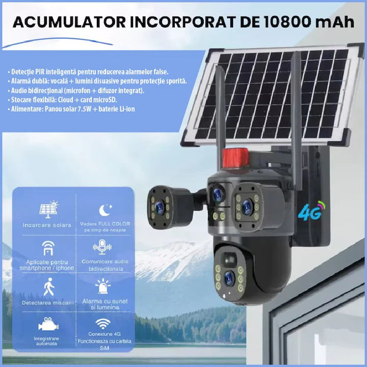Camera supraveghere solara 4G cu SIM, 12MP Ultra HD, zoom 10X, vedere nocturna color si panou solar 7.5W