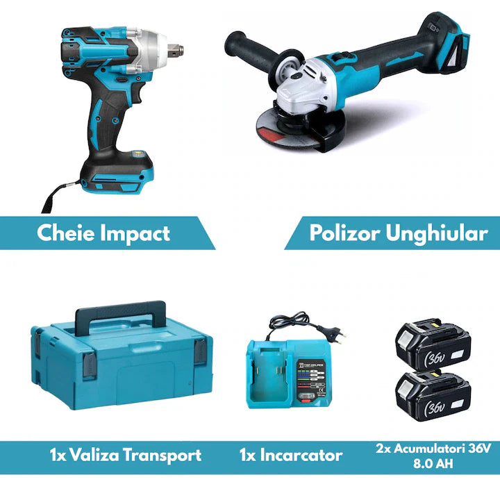 Set cheie de impact si polizor unghiular brushless, 2 acumulatori, disc 125 mm si valiza
