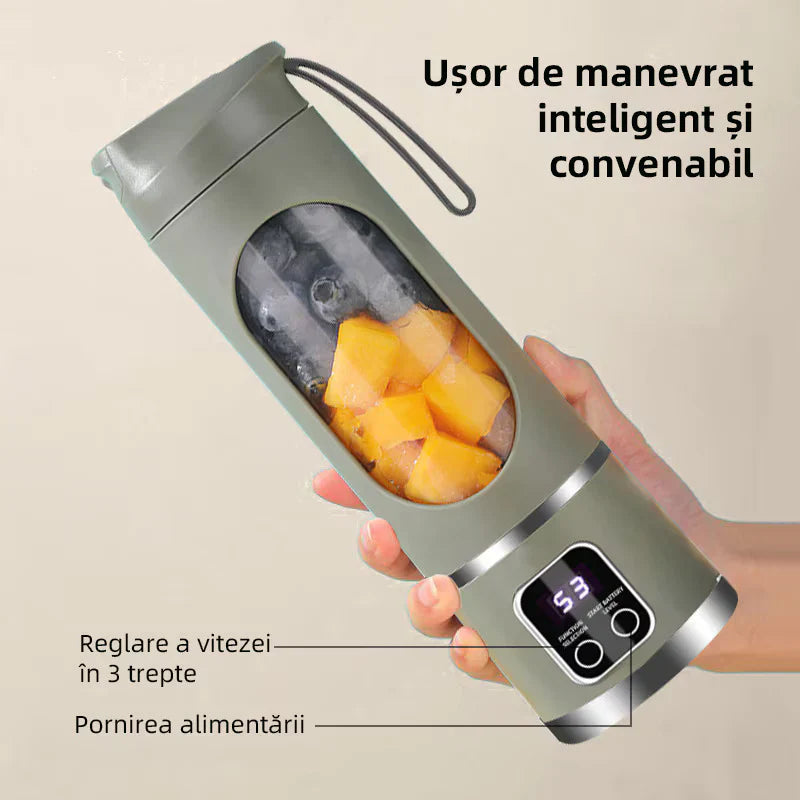 Mini blender portabil (450 ml, 12 lame, fără BPA) + termos auto din oțel inoxidabil 1200 ml