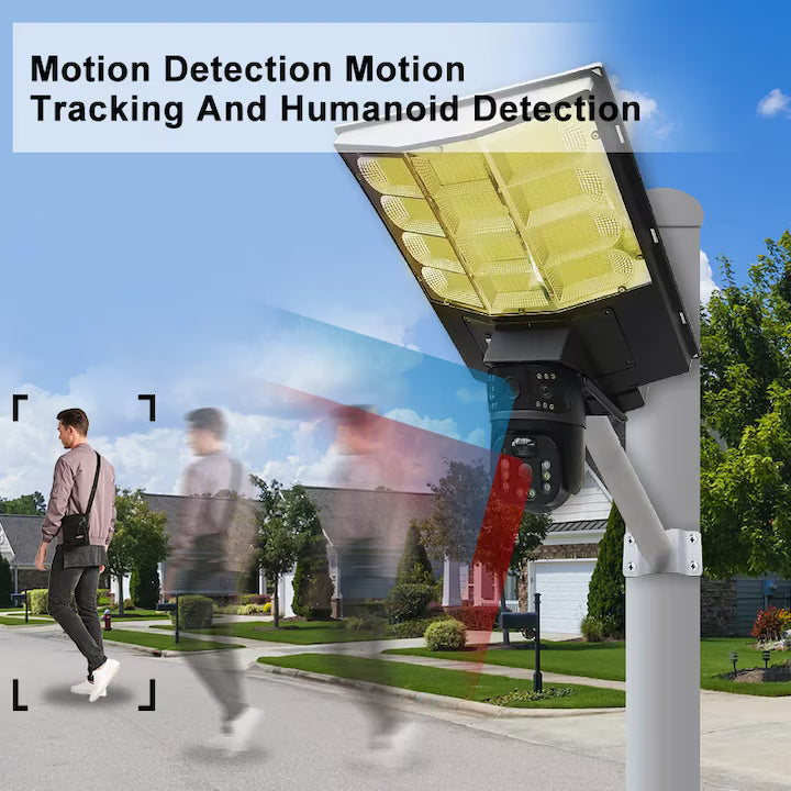 Camera de supraveghere tripla exterior V380 cu alimentare solara, baterie 16000 mAh, proiector 450w, zoom 10x, detectare si urmarire umana, audio bidirectional, securitate avansata fara firi