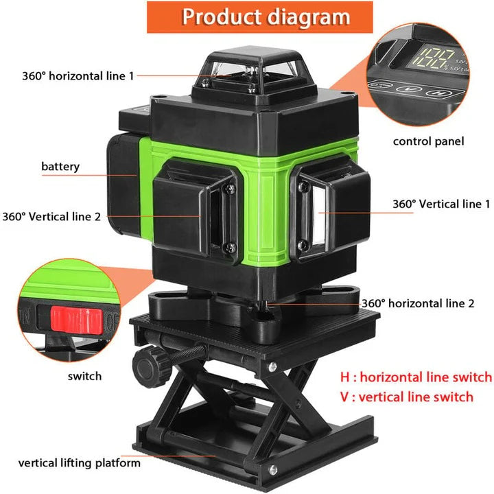 Nivela laser 4D cu 16 linii verzi, autonivelare, 360 grade, impermeabila