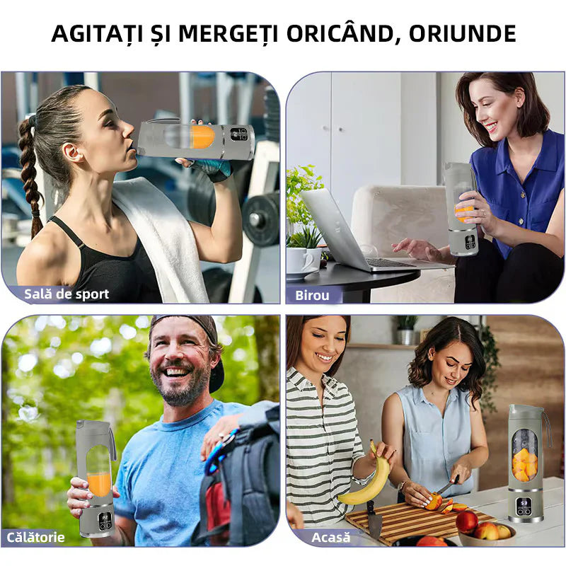 Mini blender portabil (450 ml, 12 lame, fără BPA) + termos auto din oțel inoxidabil 1200 ml