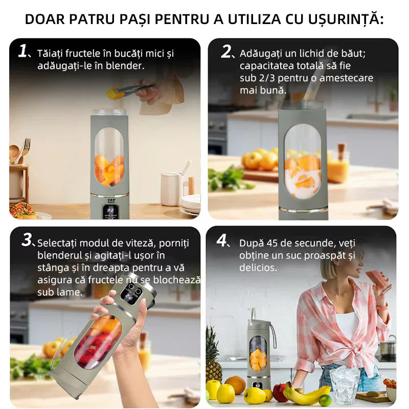 Mini blender portabil (450 ml, 12 lame, fără BPA) + termos auto din oțel inoxidabil 1200 ml