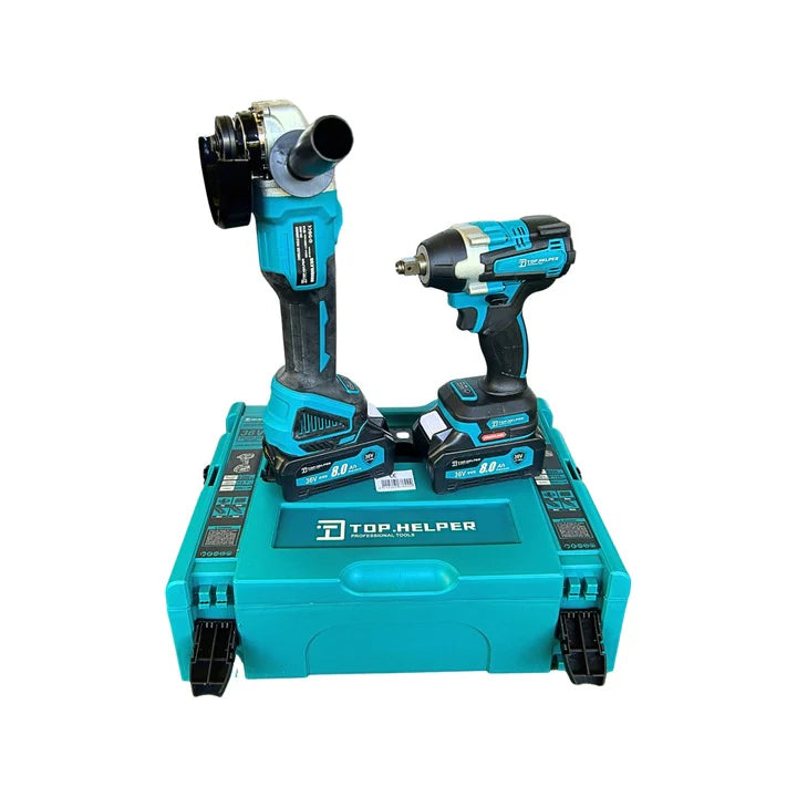 Set cheie de impact si polizor unghiular brushless, 2 acumulatori, disc 125 mm si valiza