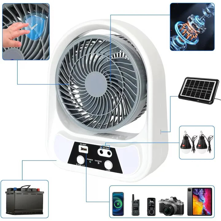 Ventilator solar portabil cu 2 becuri LED, lanterna integrata si incarcare USB