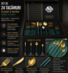Set 24 tacamuri premium verde cu auriu, inox, finisaj elegant, 6 persoane