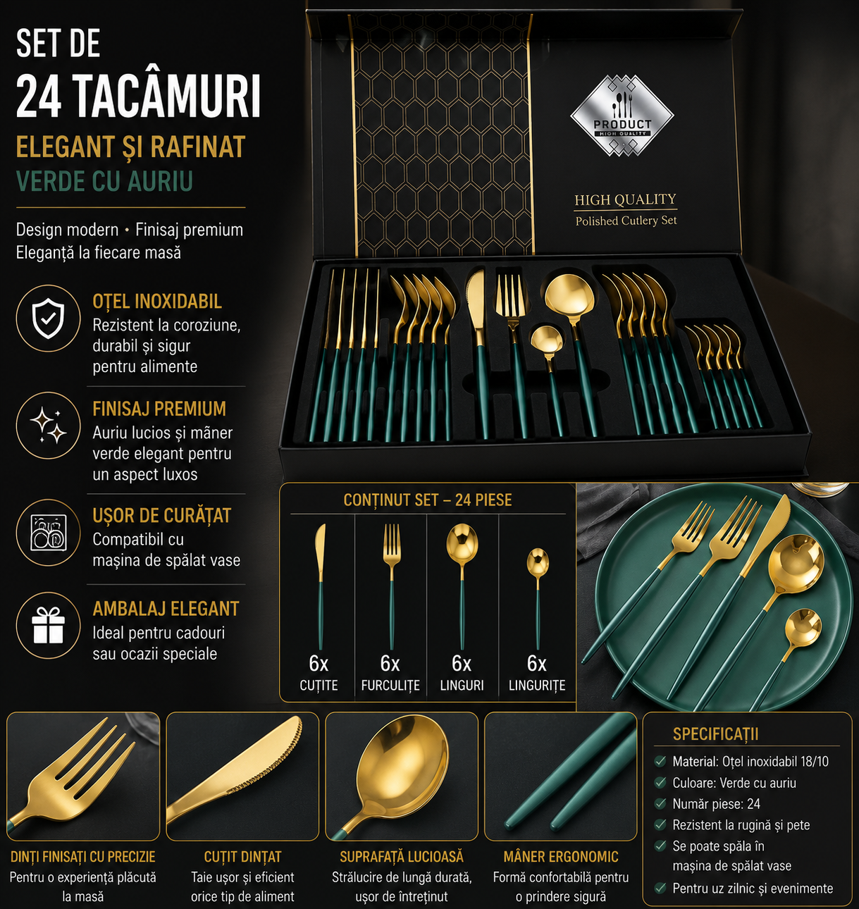 Set 24 tacamuri premium verde cu auriu, inox, finisaj elegant, 6 persoane