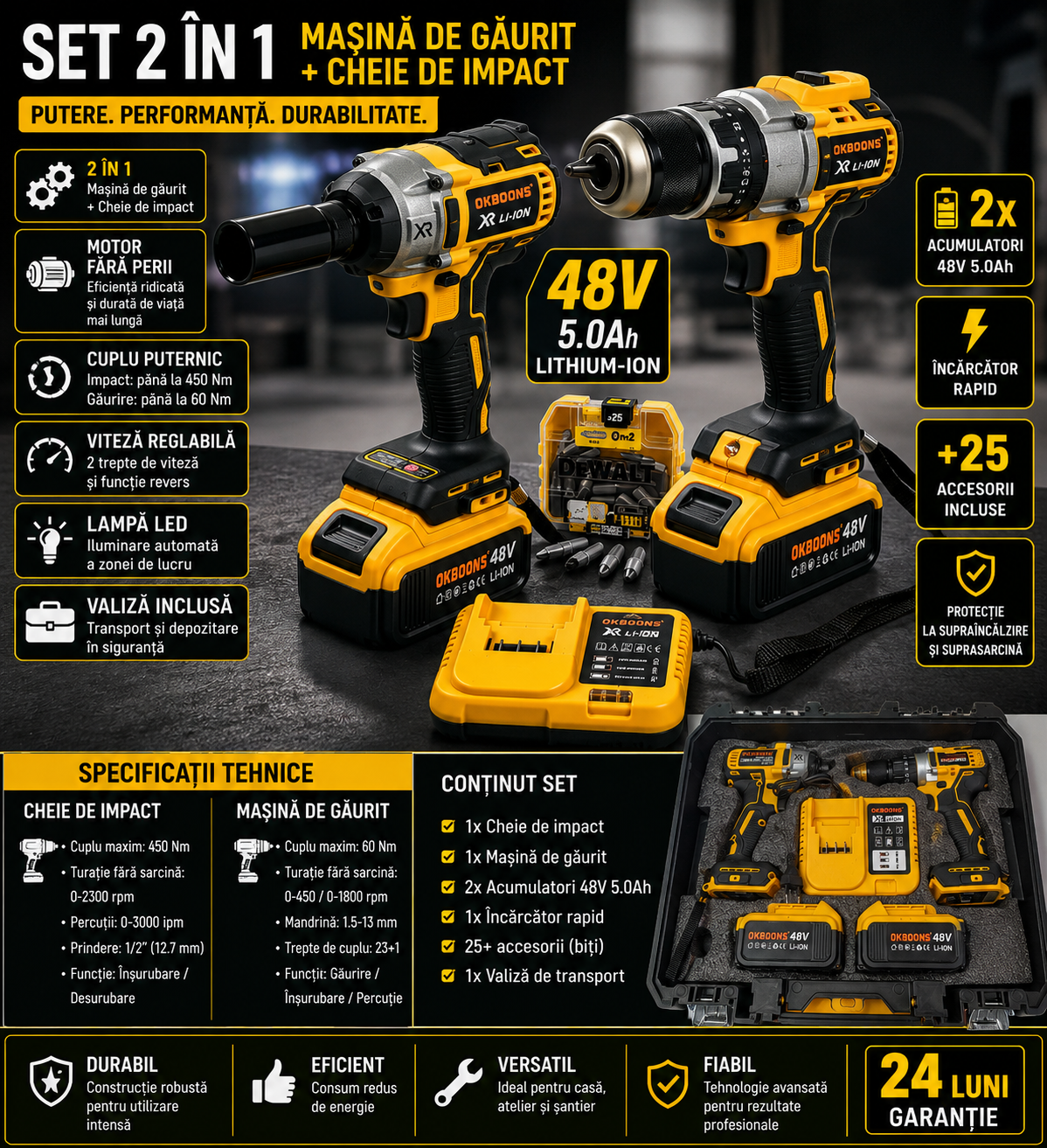 Set 2 in 1 bormasina si cheie de impact Royal Kraft, 2 acumulatori 48V 5Ah, valiza transport