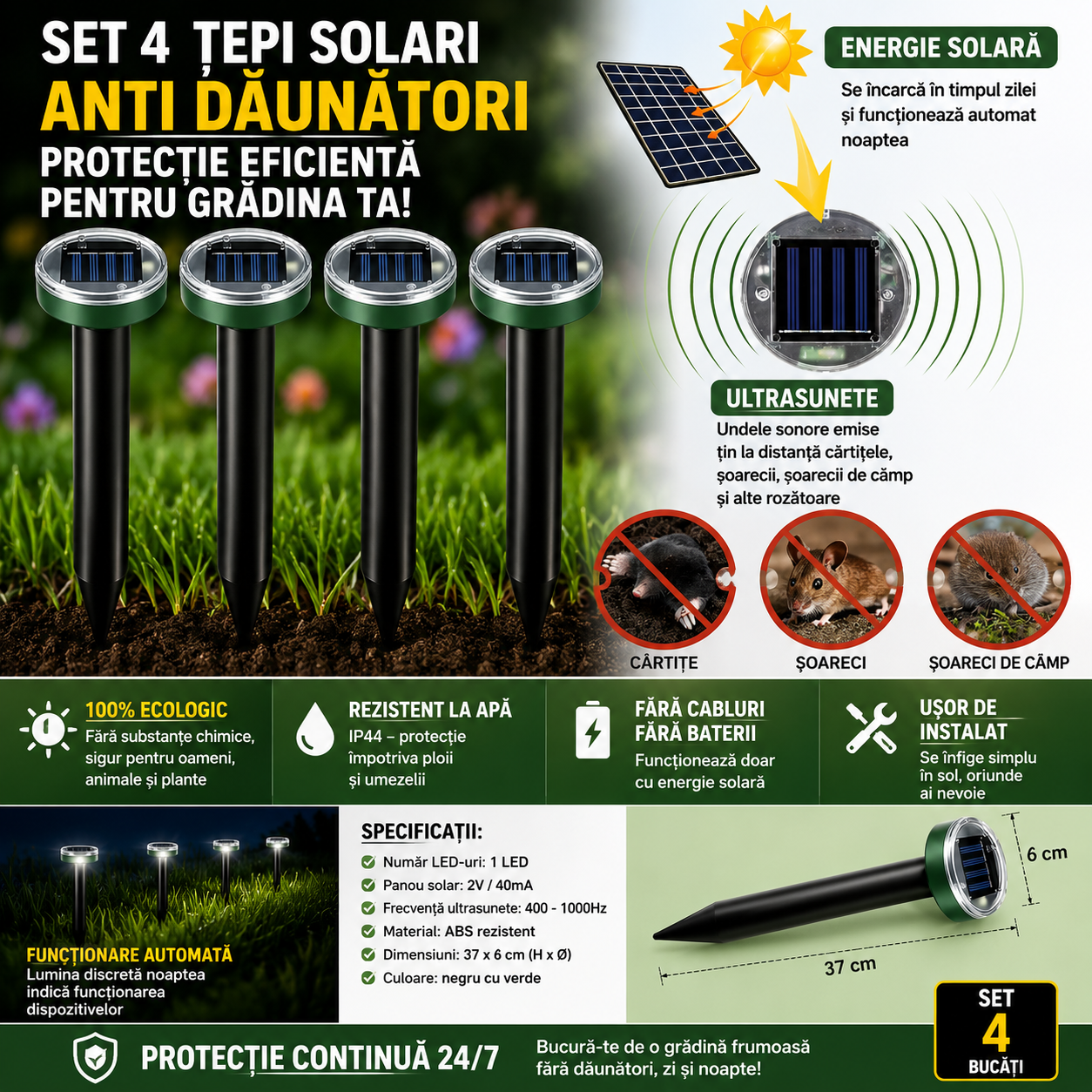 Set 4 aparate solare anti rozatoare cu ultrasunete pentru gradina si curte