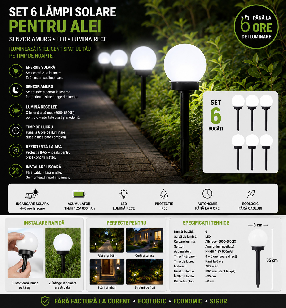 Set 6 lampi solare pentru alei cu LED, senzor de amurg, lumina rece, IP65