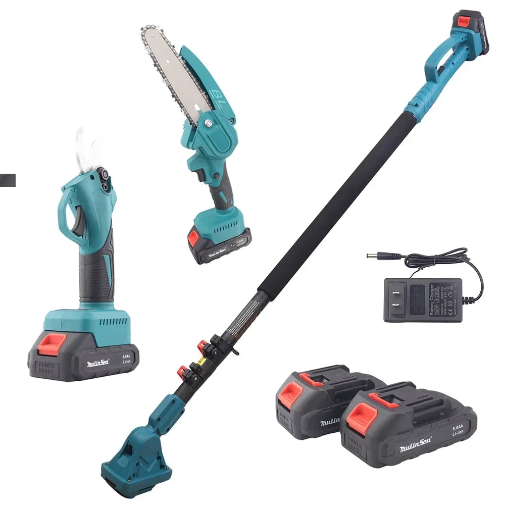 Set Foarfeca De Gradina + Mini Drujba 6 Inch, 2 Acumulatori 48V, Brat Telescopic 2.13m, Unghi Reglabil