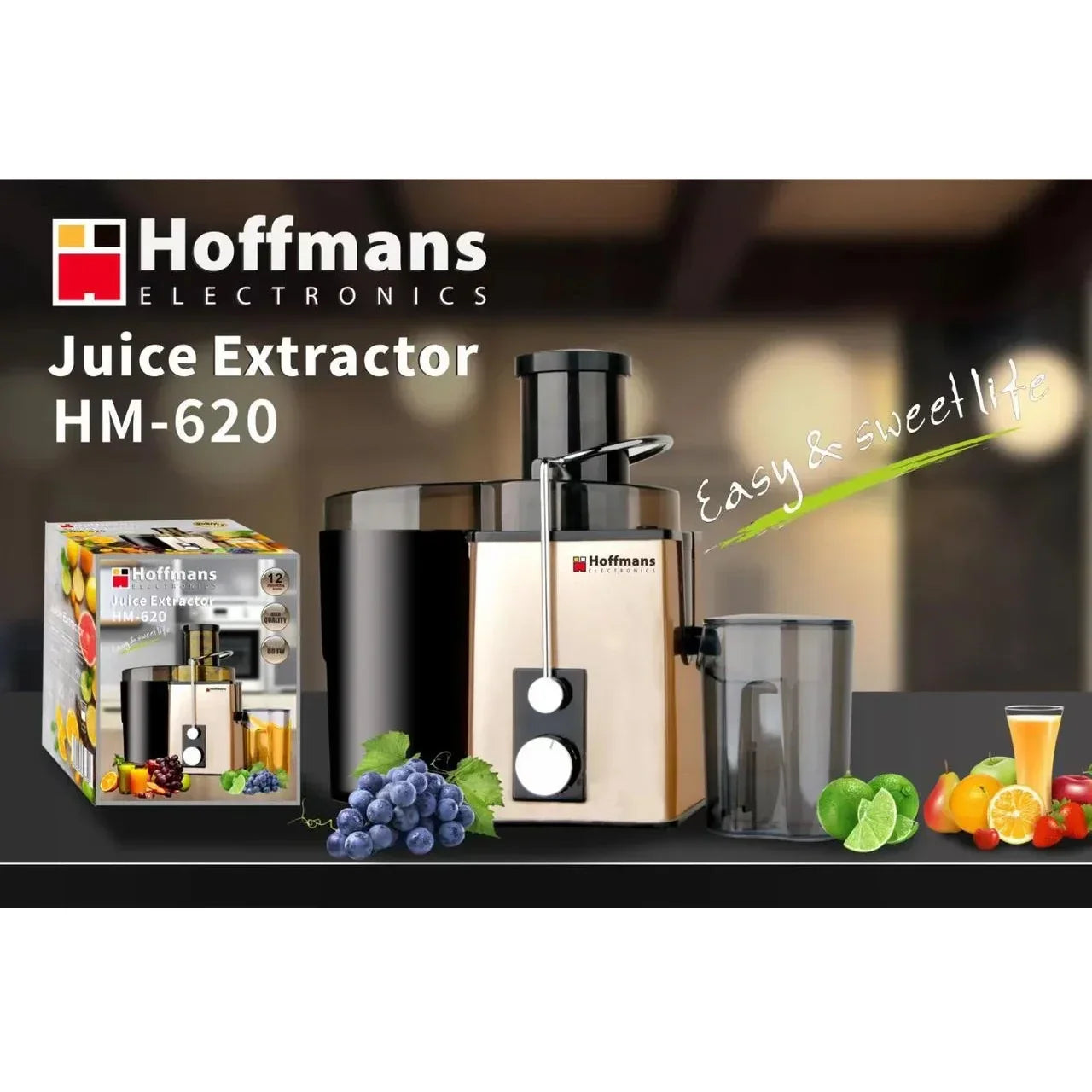 Storcator de fructe si legume, Hoffmans, 800W, recipient de 600ml, 2 viteze + funcție Pulse, negru-auriu