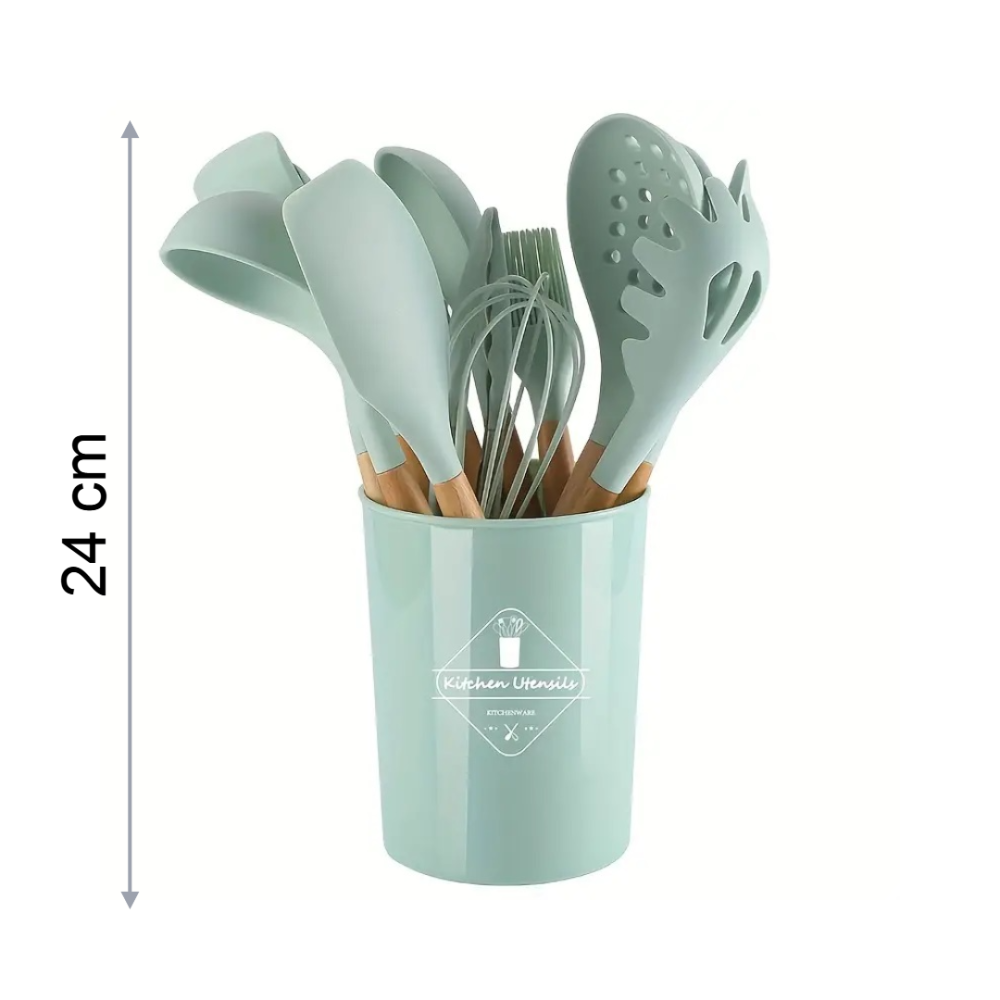 Uscator vertical pentru rufe + Set 12 Ustensile de Gatit din Silicon, cu Maner din Bambus