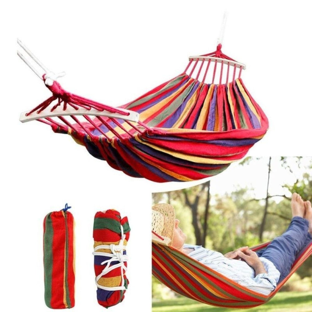 Hamac dublu bumbac cu bara de lemn + Scaun pliabil portabil, retractabil, telescopic, pentru exterior CADOU