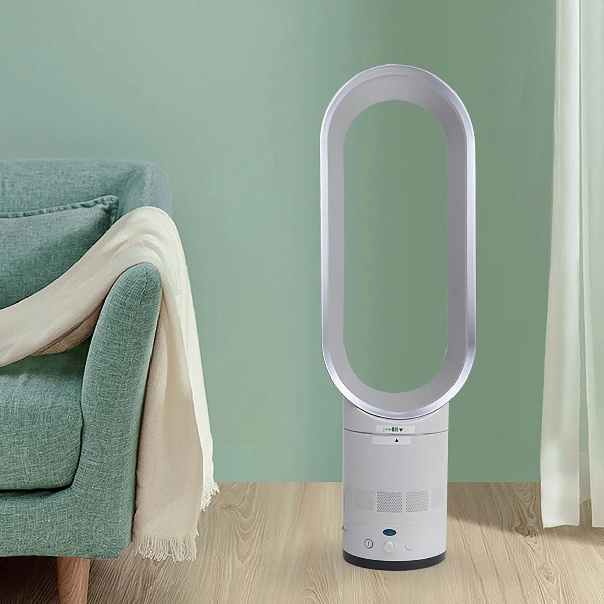 Ventilator fără pale, alb-argintiu, tip coloană, 16 inch, telecomandă inteligentă cu oscilație și temporizator
