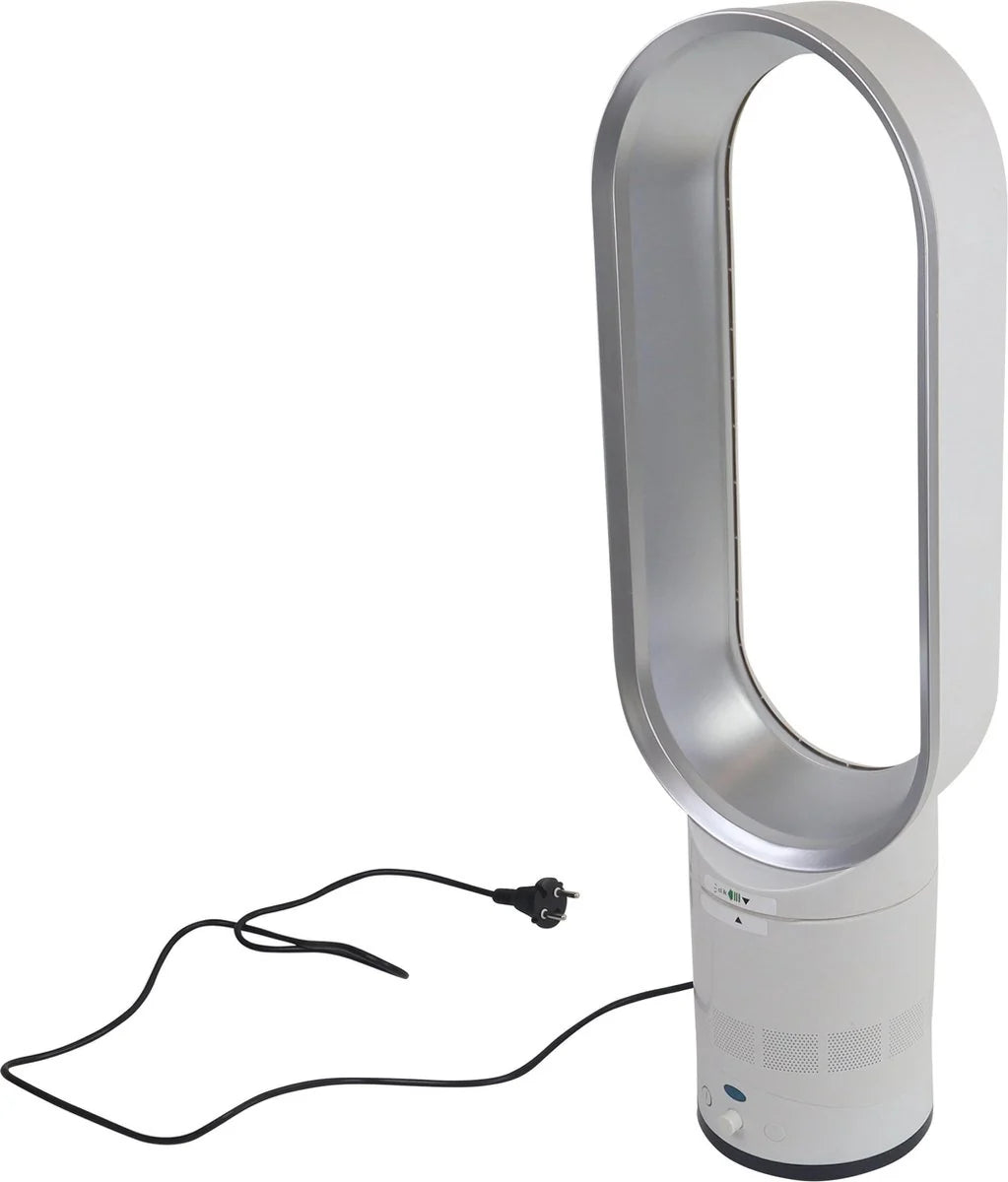 Ventilator fără pale, alb-argintiu, tip coloană, 16 inch, telecomandă inteligentă cu oscilație și temporizator