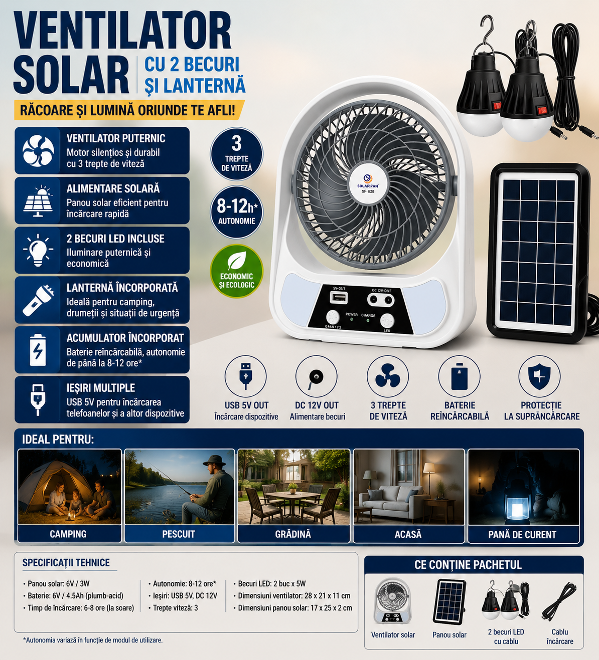 Ventilator solar portabil cu 2 becuri LED, lanterna integrata si incarcare USB
